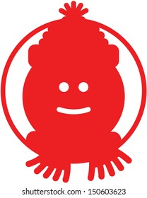 Red Christmas snowman while smiling, wearing wool hat and scarf and posing inside a circle