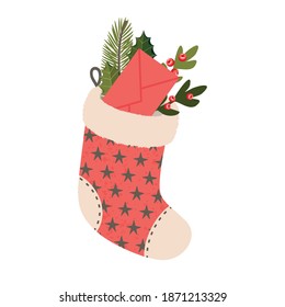 Red Christmas sock with envelope, mistletoe and fir branches. Vector, white background, isolated.