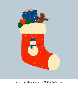 Red christmas sock with gift box, holly branch and gingerbread. Christmas winter design element in doodle style. Isolated vector illustration 