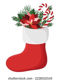 Red Christmas sock for gift. Present with poinsettia, spruce, pine and candy cane. Cozy winter. Holidays. Postcard. Colorful illustration on a white. 