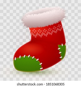 Red Christmas sock for gifts with green patches and white pattern on transparent background. Look like 3d rendering. Happy New Year illustration for greeting card, banner, decor, design, party. 
