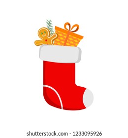 Red Christmas sock and Christmas gingerbread man, white background. Vector illustration