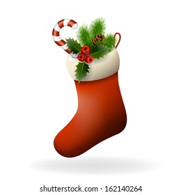 Red Christmas sock with holly berries, candy and fir branch. Xmas greeting card. Vector eps10 illustration
