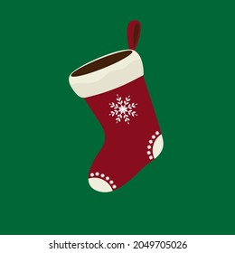 Red Christmas sock isolated on green background.Vector illustration