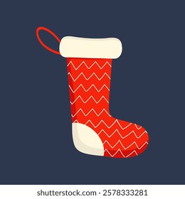  Red Christmas sock isolated on blue background. Red stocking xmas decoration.Vector illustration