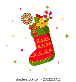 Red Christmas sock, knitted stocking with patch, with gifts, sweets, cookies. Lollipop, gingerbread man, box, toy. Festive decoration, surprise. Christmas card. Vector illustration on white background