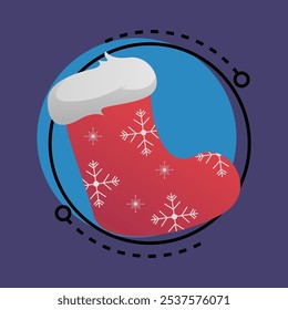 Red Christmas sock with snowflakes. White fur, wool, stocking. Xtmas concept. Vector illustration can be used for topics like Santa Claus, gifts, holiday