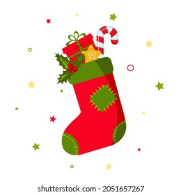 Red Christmas sock, stocking with patch, with gifts, sweets, cookies. Lollipop, candy, holly, box with bow. Festive decoration, surprise. Christmas card. Vector illustration on white background