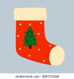 Red Christmas sock with Christmas tree. Christmas winter design element in doodle style. Isolated vector illustration 