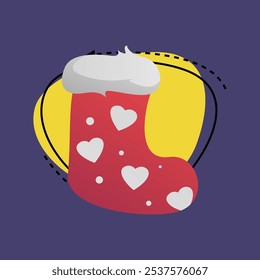 Red Christmas sock with white hearts. White fur, stocking, heart shapes, dot. Xmas concept. Vector illustration can be used for topics like winter holiday, gifts, sale