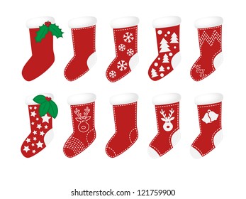 Red christmas socks with different decoration vector