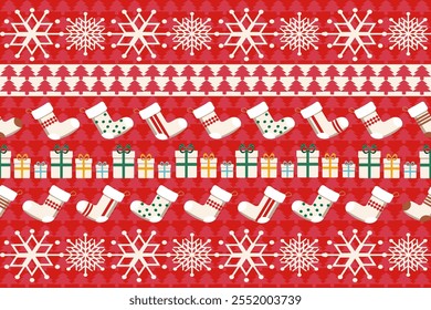 A red Christmas with a socks, gifts, snowflakes, seamless pattern, wrapping paper template on a festive background The concept of Christmas, New Year, Christmas Eve.