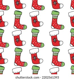 Red Christmas socks pattern. Hanging holiday decorations for gifts. Vector illustration