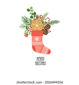 Red Christmas socks with presents cookies and candy isolated on white background. Merry christmas lettering. Christmas and New Year theme design in vector.
