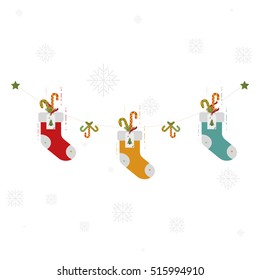 Red christmas socks vector illustration. Holiday decorations.
