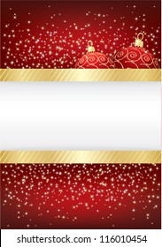 red christmas sparkle background with gold ribbon and baubles, with space for text