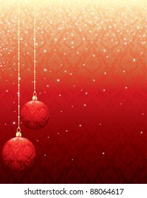 red christmas sparkle pattern background with hanging ornaments