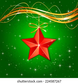 Red Christmas star on green starry background, illustration.