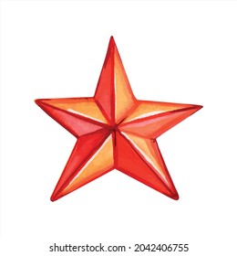 Red Christmas star on a white background. Hand-drawn watercolor vector illustration. 