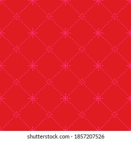 Red Christmas stars and dotted lines diamond seamless pattern. Neutral abstract festive background in red and pink colors, holiday wrapping paper diagonal grid design. Vintage texture backdrop.