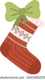 Red Christmas stocking adorned with a green bow and geometric patterns, resting on a white background, eagerly anticipating the joy of being filled with festive gifts