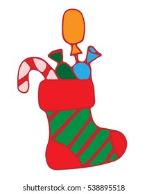 Red Christmas stocking with candy. Vector illustration for greeting card, poster, or print on clothes.