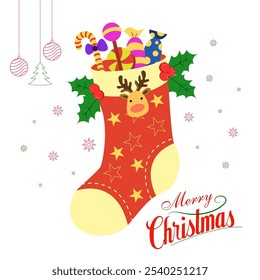 A red Christmas stocking filled with colorful candies lollipops and a reindeer face There are also snowflakes and Christmas decorations in the background The text Merry Christmas is written in a font