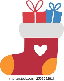 Red Christmas stocking filled with gifts, featuring a heart symbol and vibrant colors. For web icons, holiday cards, seasonal decor