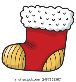 Red christmas stocking with fur, vector illustration, ideal for holiday decorations, christmas-themed designs, greeting cards, digital artwork, web design elements, scrapbook projects