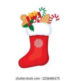 Red christmas stocking with gifts and candy icon vector. Full red christmas sock with snowflake graphic design element isolated on a white background