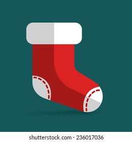 Red christmas stocking for gifts. Colorful vector illustration.