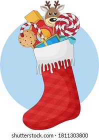 Red christmas stocking with gifts and sweets, stock vector illustration.