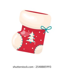 Red Christmas Stocking Icon. Elements of Christmas. Stock isolated clipart on a white background. In cartoon style. 