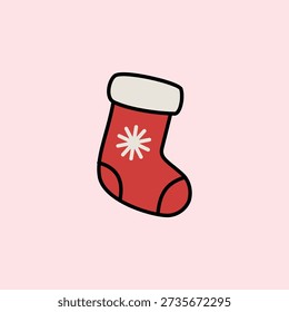 Red Christmas Stocking Illustration. Hand Drawn Winter Sock with Snowflake Pattern for Holiday Decor.