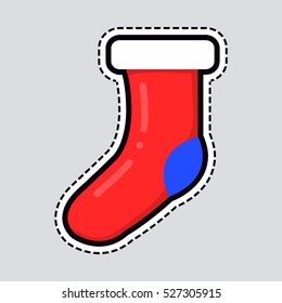 Red christmas stocking isolated illustration patch. Sock with white fur and blue piece of cloth on heel. Hanging stocking. Cut out of paper. Simple cartoon style. Side view. Flat design. Vector