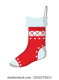 Red Christmas stocking or sock, hanging. Single cartoon object on white background, editable