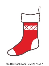 Red Christmas stocking or sock, hanging. Single flat cartoon object on white background, editable