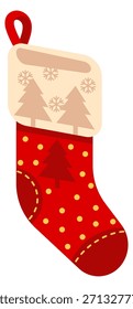 Uma meia de Natal vermelha com uma árvore e flocos de neve sobre ela
