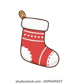 Red Christmas stocking with white cuff and gift box, festive cute vector illustration.
