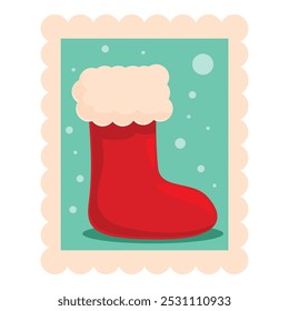 Red christmas stocking with white fur trim is featured on a green and pink postage stamp design