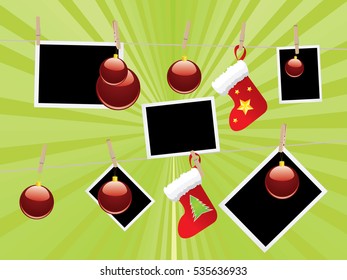 Red Christmas stockings hanging on a rope with wood pegs.