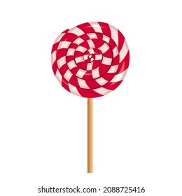 Red Christmas striped lollipop. Festive sweetness in spiral for new year, birthday and holiday. Vector flat illustration