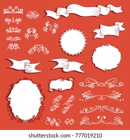Red Christmas style design elements set, doodle hand drawn design - frames, ribbons and decor