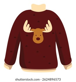Red christmas sweater featuring a smiling reindeer with big antlers, perfect for the holidays