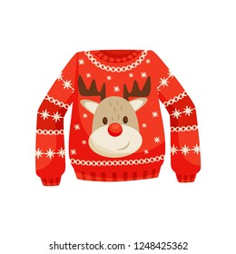 Red Christmas Sweater, Knitted Warm Jumper With Cute Reindeer Vector Illustration On A White Background