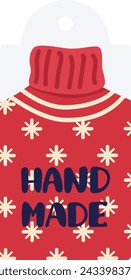 Red Christmas sweater label HAND MADE text snowflake decorations. Holiday DIY product tag design. Winter clothing concept vector illustration