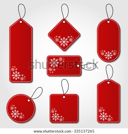 Red christmas tag collection with snowflake pattern and hangers. Sale promotion and gift card vectors in different shapes.