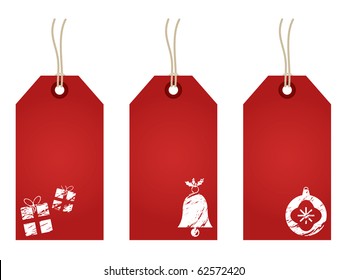 red christmas tags with festive decoration stamps isolated on white