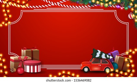 Red Christmas template with presents, vintage frame, garland and Happy New Year, red postcard with garland, Christmas tree branches and red vintage car carrying Christmas tree