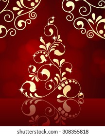 Red Christmas template with swirly tree isolated on red background. vector illustration